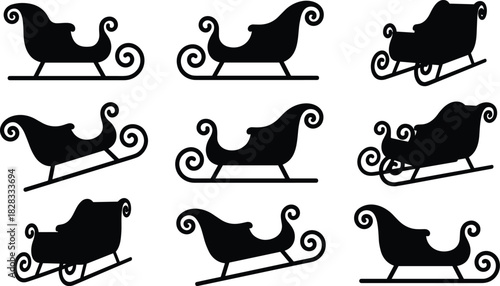 Sleigh silhouette icon set, stylized black sleigh shapes with ornate runners for winter, holiday, and festive design themes