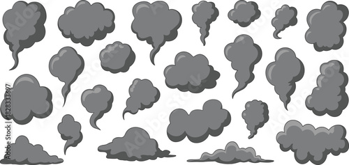 Smoke cloud icon set, stylized cartoon puff designs, atmospheric gray vapor shapes, graphic illustration elements for visual effects