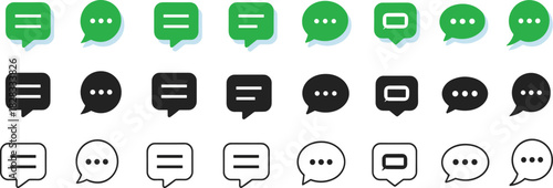 Speech bubble icon set, stylized chat and message designs, communication UI graphic elements for interface and app design