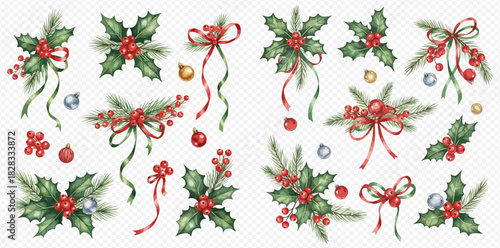 Watercolor Christmas decorations set with holly, red berries, pine branches, festive ribbons, and shiny ornaments on a transparent background.