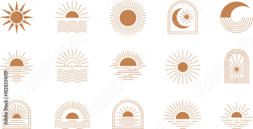 Sun and sunset icon set, minimalist brown silhouette designs, nature and tranquility themed graphic illustration elements