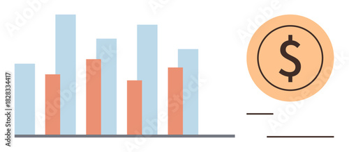 Bar chart with orange and blue bars indicating data analytics and performance trends partnered with dollar coin symbol. Ideal for financial analysis, budgeting, economics, statistics, accounting