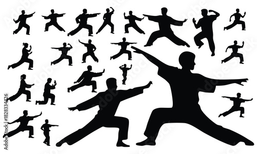 Tai Chi (Taijiquan) Exercise Silhouettes Collection, Black Silhouettes of People Performing Tai Chi Poses, Set of Various Martial Arts and Tai Chi Forms, silhouette, vector, illustration.