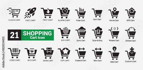Shopping cart icon set with various concepts including clock, fast, alarm, filter, sort, and home