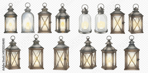 Collection of vintage and antique style lanterns with glowing light, featuring various designs and shapes on a transparent background.