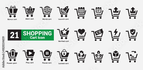 Shopping cart icon set with various symbols representing different functions and categories of carts