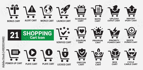 Shopping cart icon set with various symbols representing different functions and categories