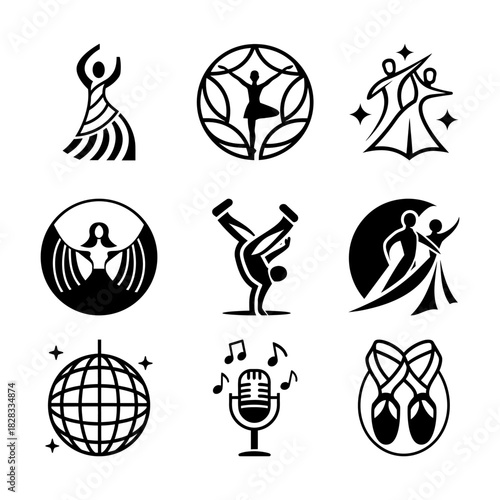 This dance-themed icon set features nine minimalist linear illustrations representing various dance styles and elements