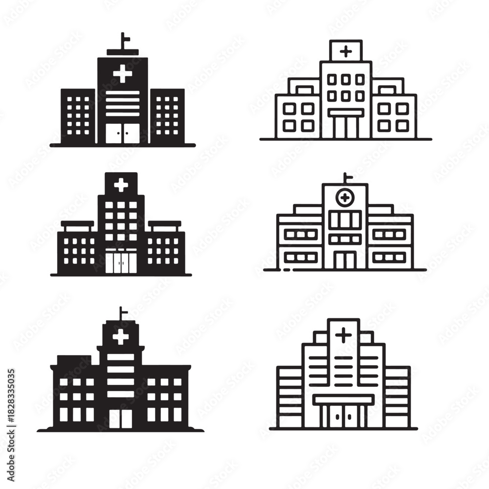 Obraz premium Hospital Structure Silhouette Vector – Minimal Line Art Illustration