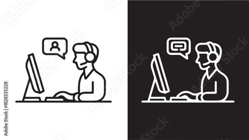 Customer service operator vector icon thin line design of a support agent with headset and computer isolated on white and black background