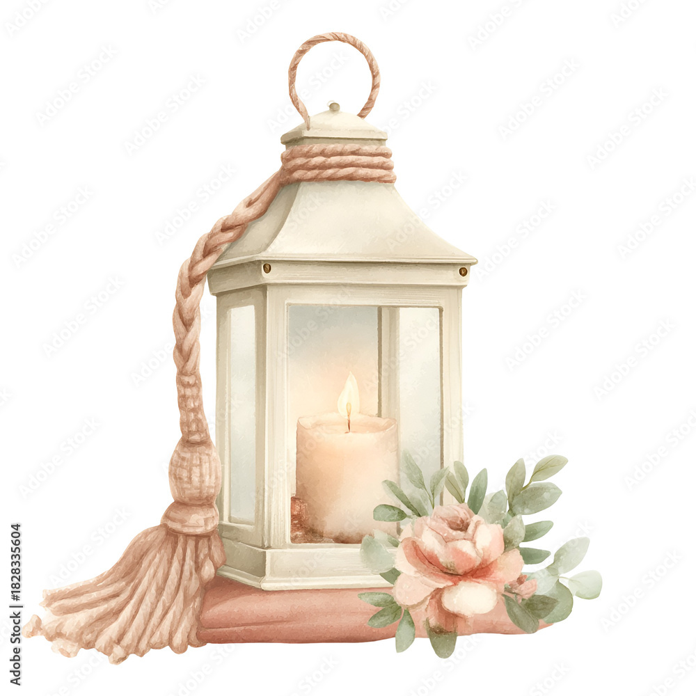 Fototapeta premium Rustic lantern with candle macrame and florals soft boho romantic scene