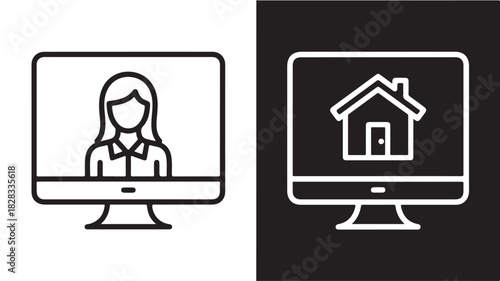 Set of minimalist computer screen icons simple line art vector design element for web and mobile apps isolated on white and black background