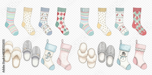 A collection of cozy pastel socks, fluffy slippers, and festive Christmas stockings with various patterns, perfect for winter comfort and holiday cheer.