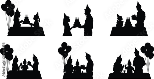 Birthday Party Celebration Silhouette Icon Set, Family Table, Cake, Balloons, Presents, and People in Party Hats, Flat Vector
