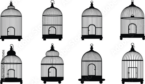 Bird Cage Silhouette Icon Set, Pet Aviary, Various Ornamental Design Domes, Black and White Flat Vector Illustration Collection