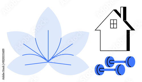 Lotus flower, house, and dumbbells emphasize balance, exercise, and home comfort. Ideal for wellness, fitness, self-care mindfulness home gym relaxation balance. Simple flat metaphor