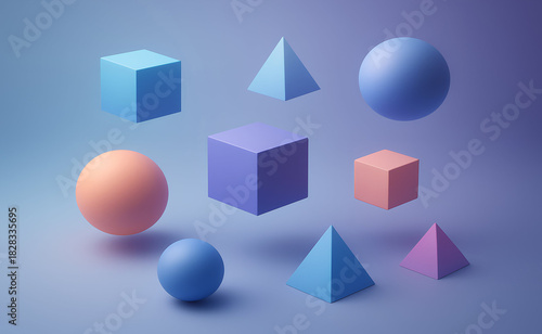 Floating geometric shapes on a gradient blue-purple background, including spheres, cubes, and pyramids in pastel blue, pink, and orange hues. Calm and balanced. Free Download Floating geometric shapes on a gradient blue-purple background, including spheres, cubes, and pyramids in pastel blue, pink, and orange hues. Calm and balanced. - GFXLoad