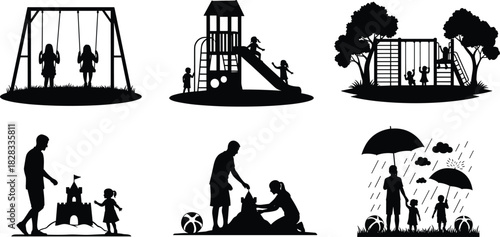 Black Silhouette Vector Set of Children Playing Outdoors on Swings Slides and with Parents Building Sandcastles or Walking in the Rain