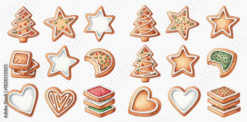 Watercolor illustration of various gingerbread cookies in different shapes and decorations, including Christmas trees, stars, hearts, and squares, some with icing and sprinkles.