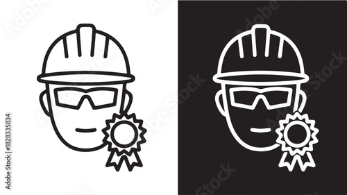 Construction worker with safety helmet and goggles icon vector line art illustration for industrial safety quality assurance concept