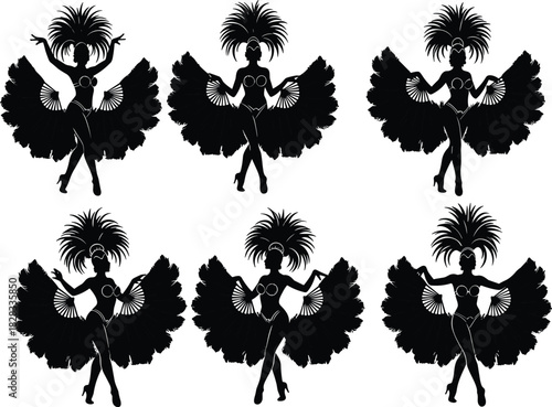 Black Silhouette Vector Set of Carnival Dancers Performers in Feathered Costumes and Headdresses Holding Fans Showcasing Festive Entertainment