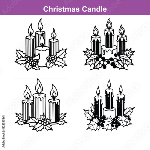 Elegant silhouette of a burning candle in a festive christmas candle holder surrounded by holly and pine, Generative Ai