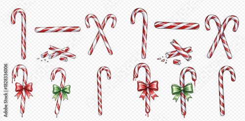 Assortment of festive red and white striped candy canes, featuring whole, broken pieces, and decorative bows, isolated on a transparent background.