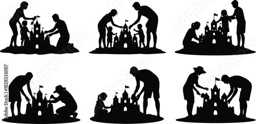 Black Silhouette Vector Set of Families Building Sandcastles on the Beach Illustrating Summer Vacation Leisure Activities Childhood and Togetherness