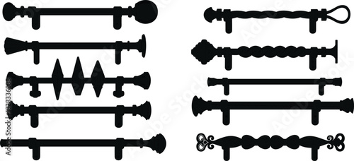 Curtain Rod and Finial Silhouette Icon Set, Window Treatment Hardware, Various Decorative Pole Designs, Black Flat Vector Illustration
