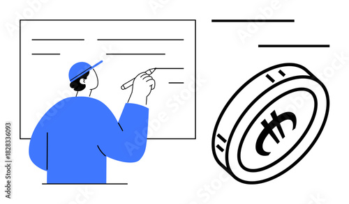 Person in a cap writing strategic ideas on a board while a large coin symbolizes currency, finance. Ideal for planning, investment, budgeting, education, savings, economy, simple flat metaphor