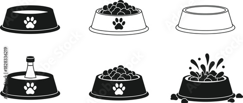 Dog Food and Water Bowl Icon Set, Pet Feeding Accessories, Black and White Flat Vector Illustration for Pet Shop and Veterinary Design
