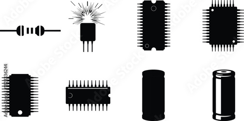 Electronic Components Silhouette Icon Set, Resistors, Integrated Circuits, Transistors, and Capacitors, Black Flat Vector Illustration