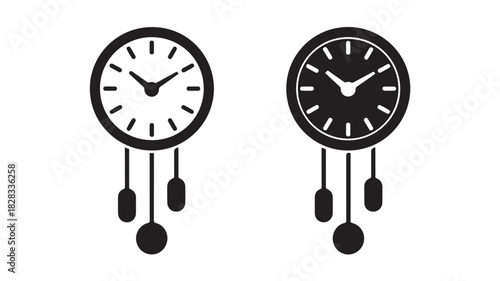 Clock icon set vector illustration of a classic pendulum clock in black and white isolated on white background