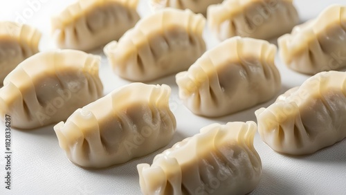 Freshly steamed pangsit arranged in rows on a matte white textured surface