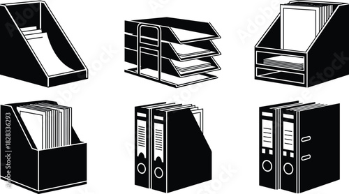 Office Document and File Organizer Icon Set, Desk Paper Tray, Magazine Rack, and Binder Storage, Black and White Flat Vector