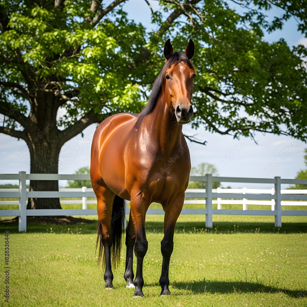 Fototapeta premium A brown horse standing in grass fields.