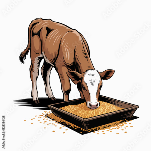 A brown calf stands near a feeding trough, munching on grains, illustrating the nurturing side of farm life and the bond between animals and their caretakers.