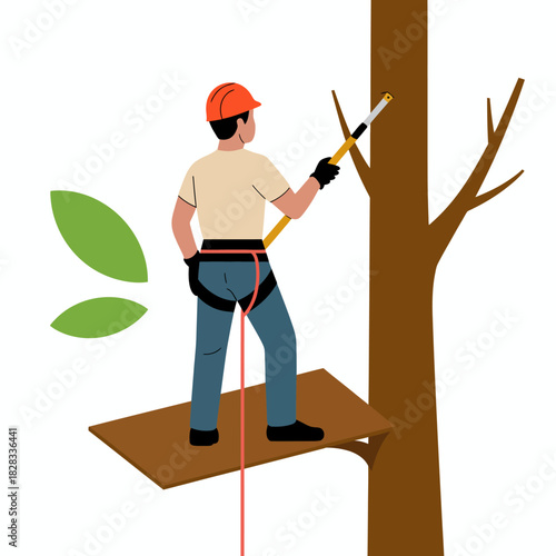 A professional tree trimmer is using a saw while standing on a platform, showcasing the importance of safety and skill in tree management and maintenance in urban areas.