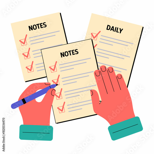 A pair of hands diligently check off items on notes and daily tasks, symbolizing organization, productivity, and personal growth through diligent note-taking.