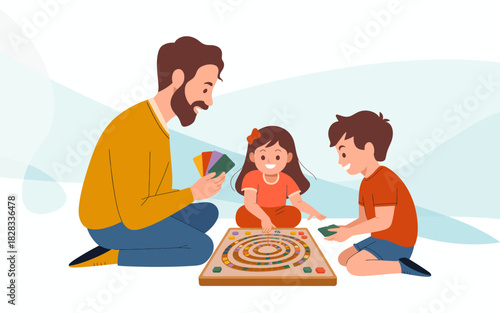A joyful scene of a family enjoying a fun game night, with children and parents engaged in a board game, showcasing the importance of family bonding and playful interaction.