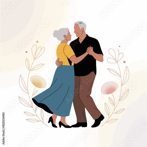 This joyful image depicts an elderly couple elegantly dancing together, showcasing love and companionship, surrounded by minimalist floral elements that enhance the warmth.