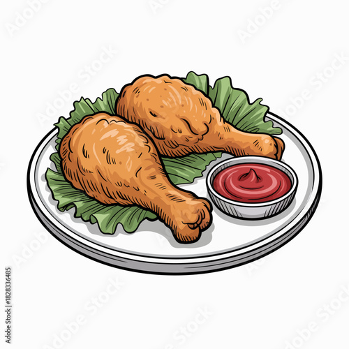 A tempting plate of crispy fried chicken legs accompanied by a small bowl of ketchup brings an irresistible allure to comfort food in a rustic, appetizing presentation.