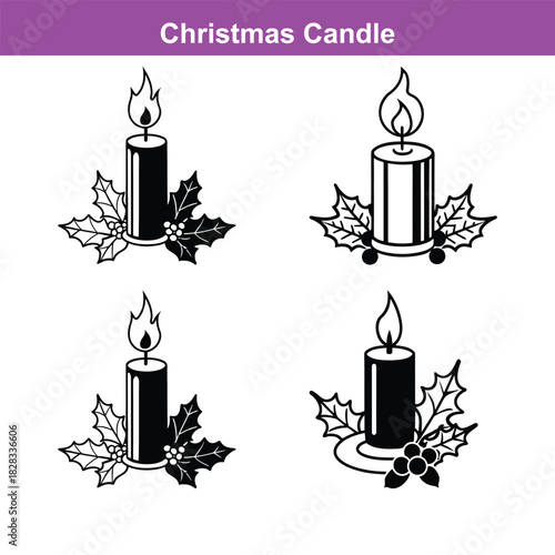 Elegant silhouette of a burning candle in a festive christmas candle holder surrounded by holly and pine, Generative Ai