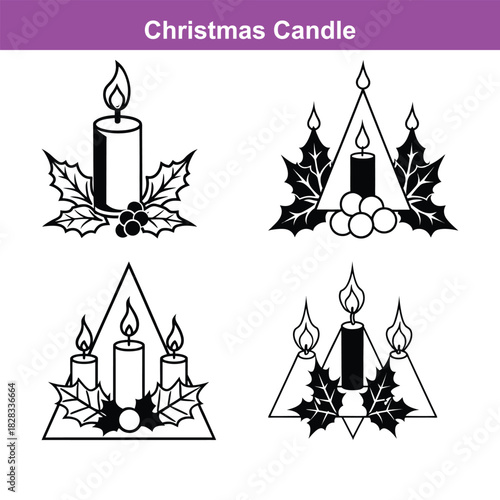 Elegant silhouette of a burning candle in a festive christmas candle holder surrounded by holly and pine, Generative Ai