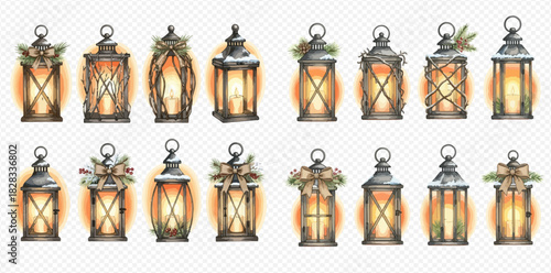 Collection of vintage glowing lanterns decorated with festive winter and Christmas elements.