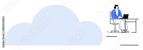 Cloud computing. Woman at desk using laptop highlights cloud computing for remote work. Cloud computing ensures seamless access to data. Ideal for businesses, tech, remote working, data management