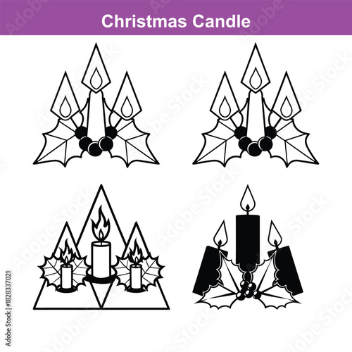 Elegant silhouette of a burning candle in a festive christmas candle holder surrounded by holly and pine, Generative Ai