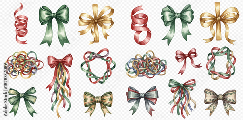 A collection of watercolor-style decorative ribbons and bows in various shapes and colors, including green, gold, and red, on a transparent background.