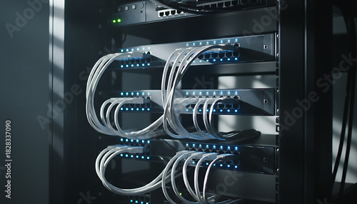Network switch and network cables in modern server room data center, Data Center / Network Technology