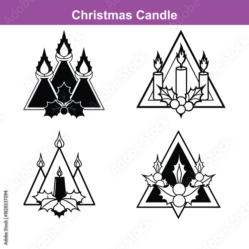 Elegant silhouette of a burning candle in a festive christmas candle holder surrounded by holly and pine, Generative Ai